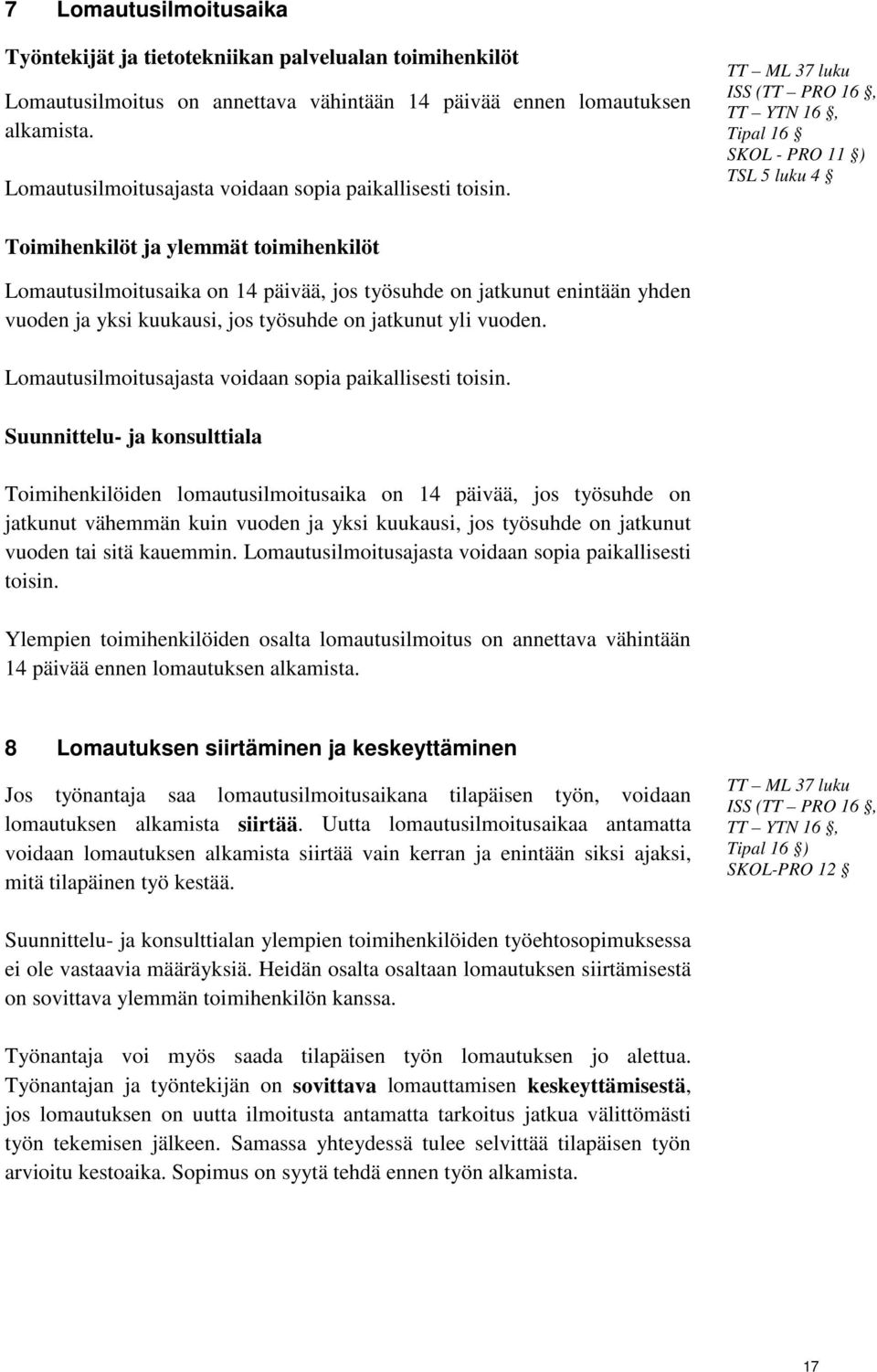 TT ML 37 luku ISS (TT PRO 16, TT YTN 16, Tipal 16 SKOL - PRO 11 ) TSL 5 luku 4 Toimihenkilöt ja ylemmät toimihenkilöt Lomautusilmoitusaika on 14 päivää, jos työsuhde on jatkunut enintään yhden vuoden