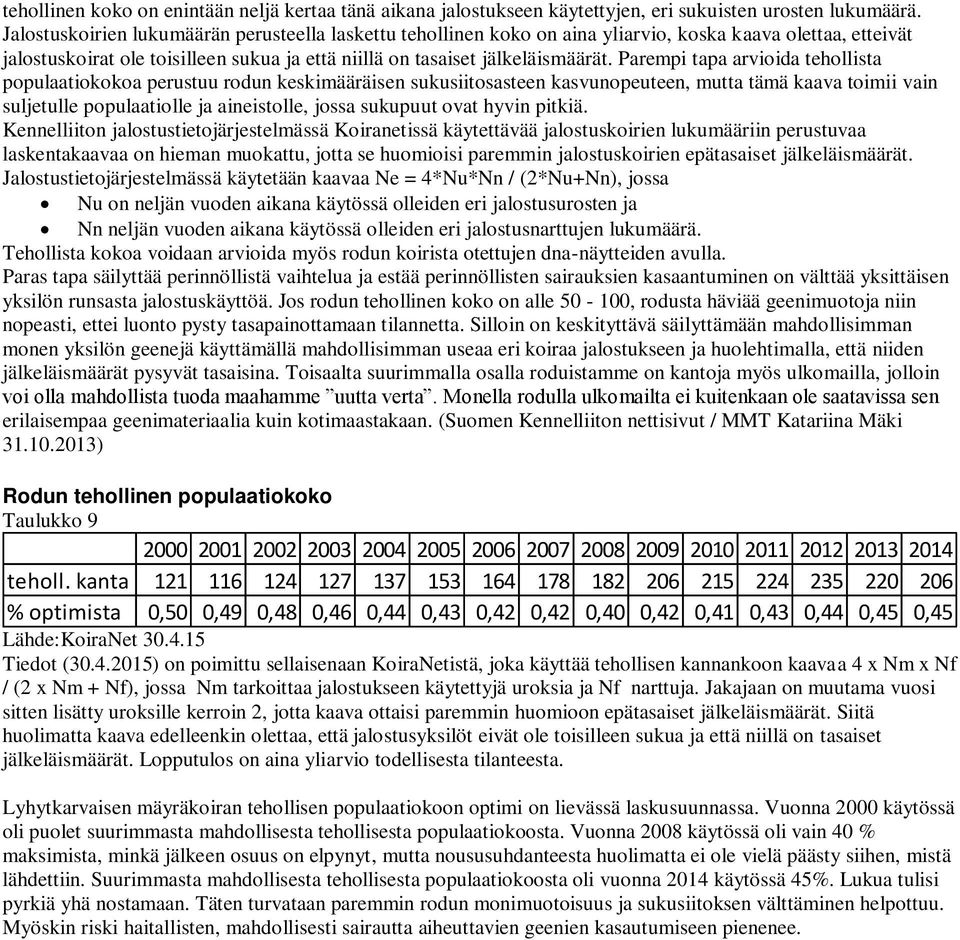 Parempi tapa arvioida tehollista populaatiokokoa perustuu rodun keskimääräisen sukusiitosasteen kasvunopeuteen, mutta tämä kaava toimii vain suljetulle populaatiolle ja aineistolle, jossa sukupuut