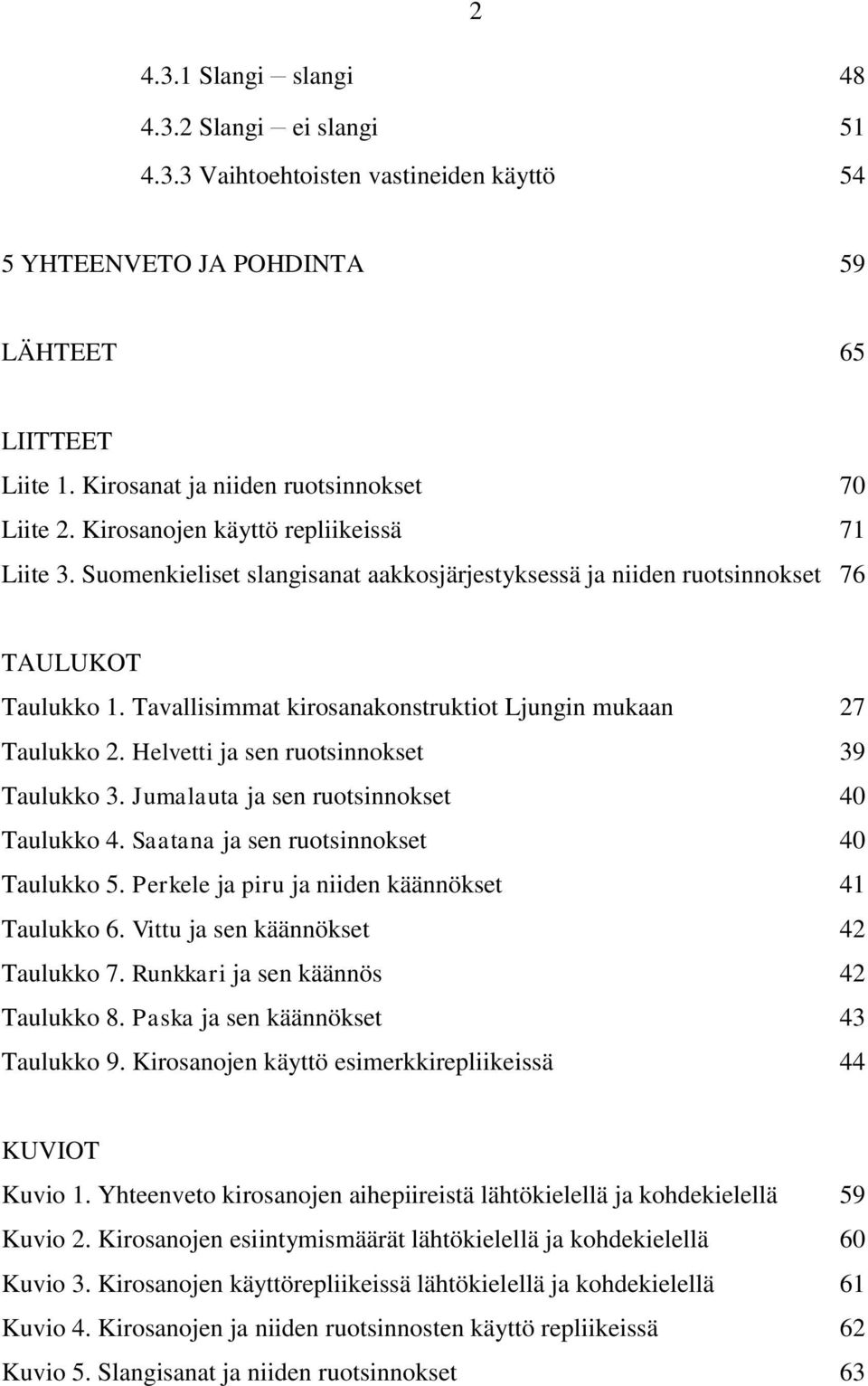 Tavallisimmat kirosanakonstruktiot Ljungin mukaan 27 Taulukko 2. Helvetti ja sen ruotsinnokset 39 Taulukko 3. Jumalauta ja sen ruotsinnokset 40 Taulukko 4. Saatana ja sen ruotsinnokset 40 Taulukko 5.