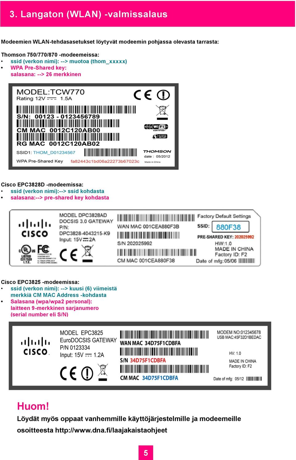 pre-shared key kohdasta Cisco EPC3825 -modeemissa: ssid (verkon nimi): --> kuusi (6) viimeistä merkkiä CM MAC Address -kohdasta Salasana (wpa/wpa2 personal):