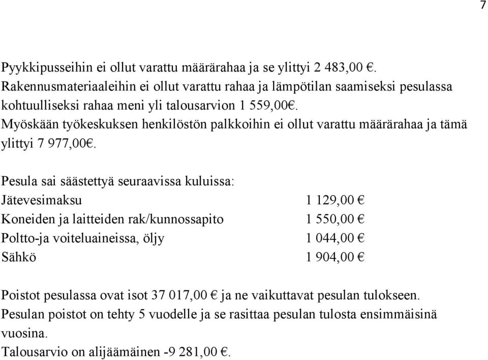 Myöskään työkeskuksen henkilöstön palkkoihin ei ollut varattu määrärahaa ja tämä ylittyi 7 977,00.