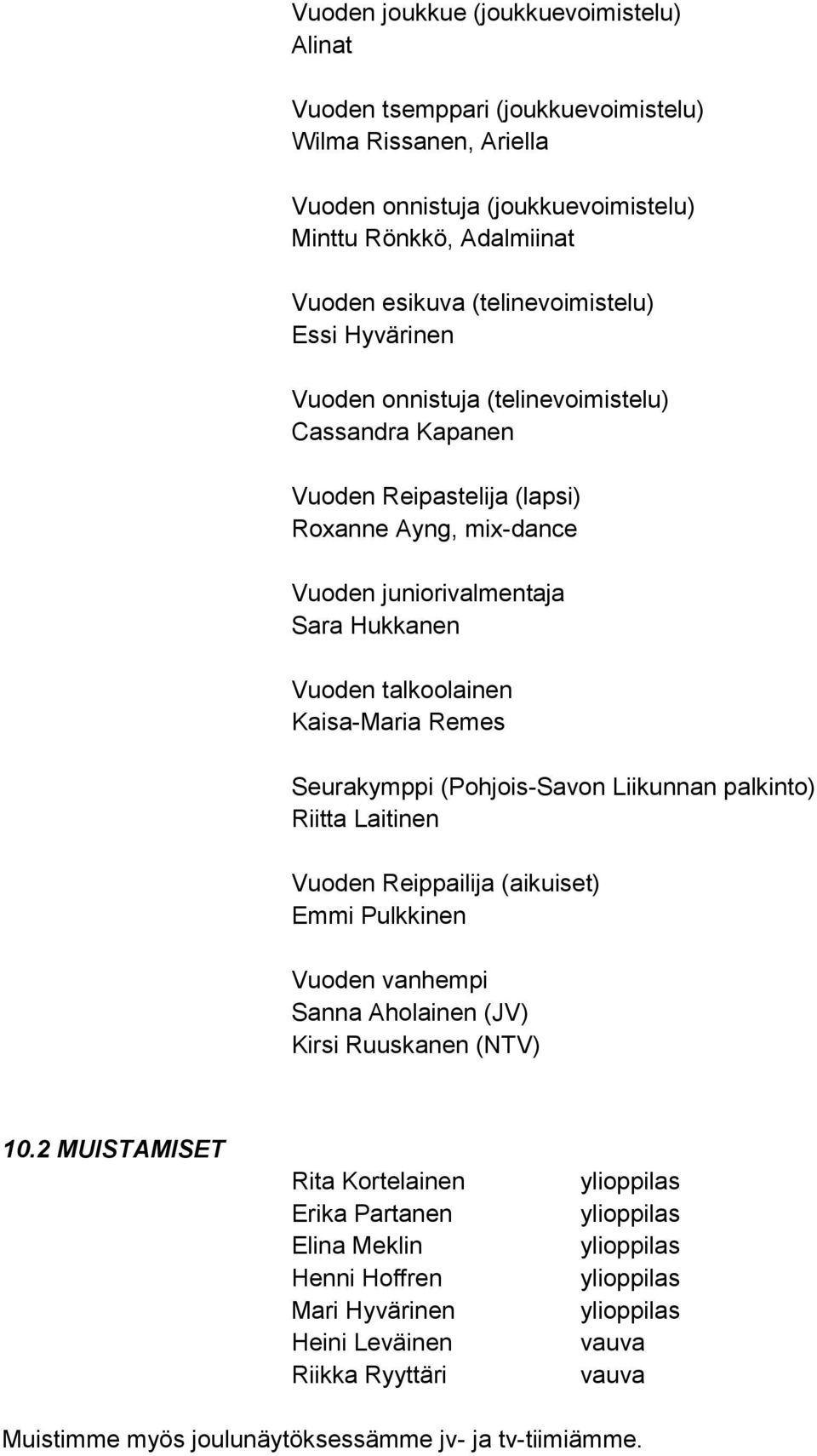Seurakymppi (Pohjois-Savon Liikunnan palkinto) Riitta Laitinen Vuoden Reippailija (aikuiset) Emmi Pulkkinen Vuoden vanhempi Sanna Aholainen (JV) Kirsi Ruuskanen (NTV) 10.