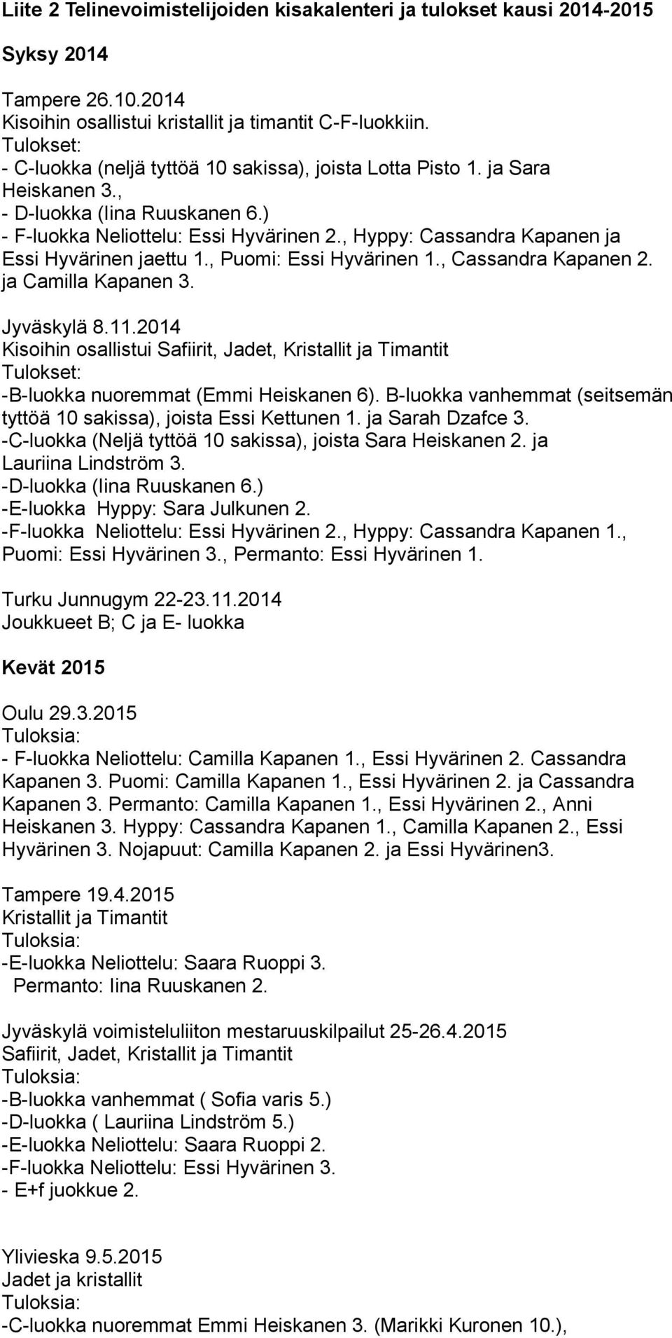 , Hyppy: Cassandra Kapanen ja Essi Hyvärinen jaettu 1., Puomi: Essi Hyvärinen 1., Cassandra Kapanen 2. ja Camilla Kapanen 3. Jyväskylä 8.11.
