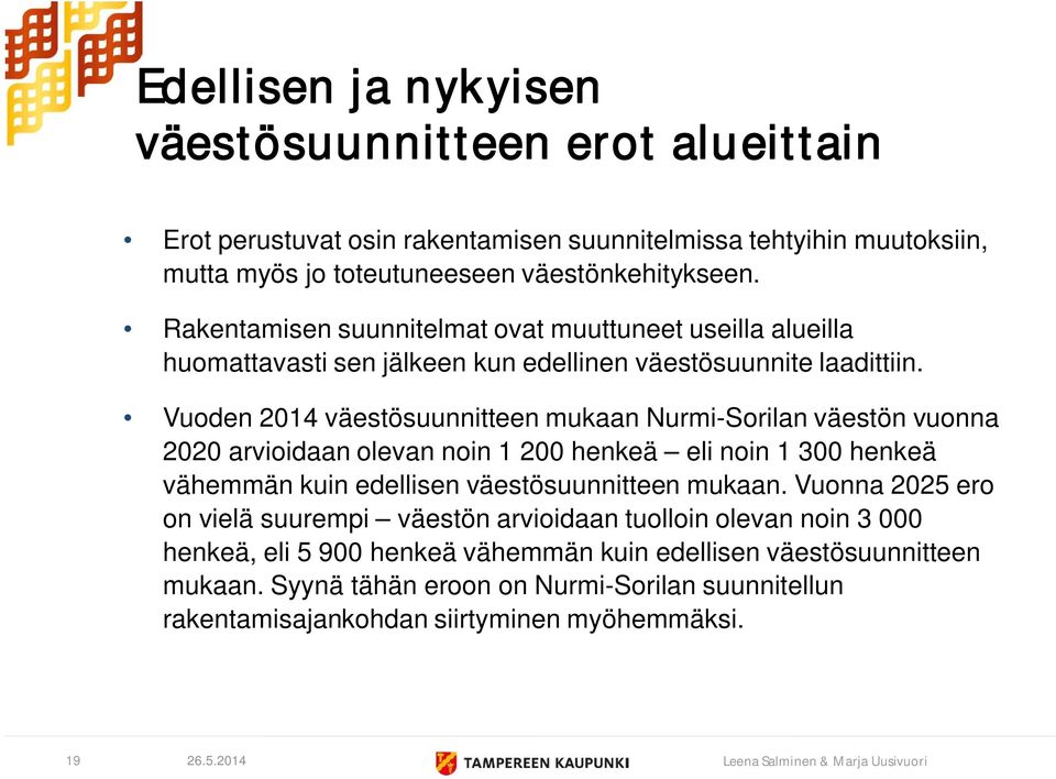 Vuoden 2014 väestösuunnitteen mukaan Nurmi-Sorilan väestön vuonna 2020 arvioidaan olevan noin 1 200 henkeä eli noin 1 300 henkeä vähemmän kuin edellisen väestösuunnitteen mukaan.