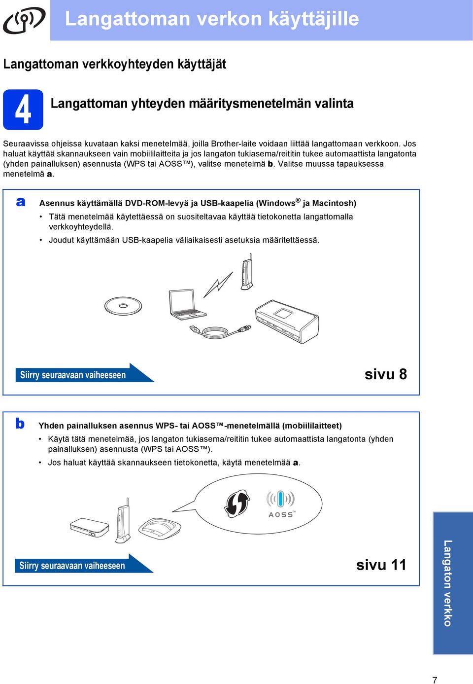 Jos haluat käyttää skannaukseen vain mobiililaitteita ja jos langaton tukiasema/reititin tukee automaattista langatonta (yhden painalluksen) asennusta (WPS tai AOSS ), valitse menetelmä b.