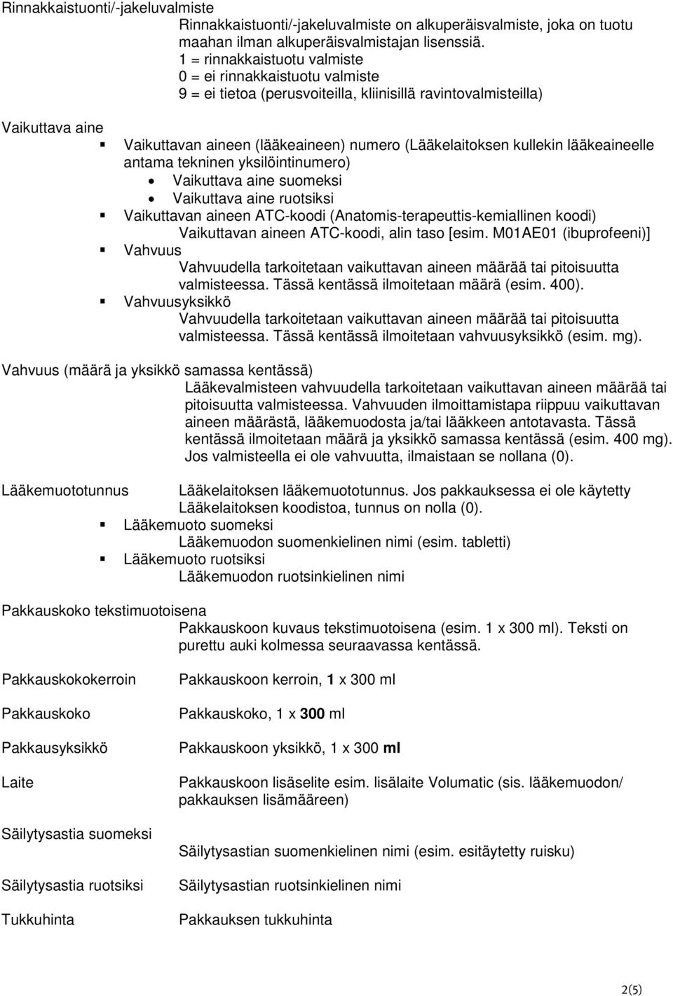 lääkeaineelle antama tekninen yksilöintinumero) Vaikuttava aine suomeksi Vaikuttava aine ruotsiksi Vaikuttavan aineen ATC-koodi (Anatomis-terapeuttis-kemiallinen koodi) Vaikuttavan aineen ATC-koodi,