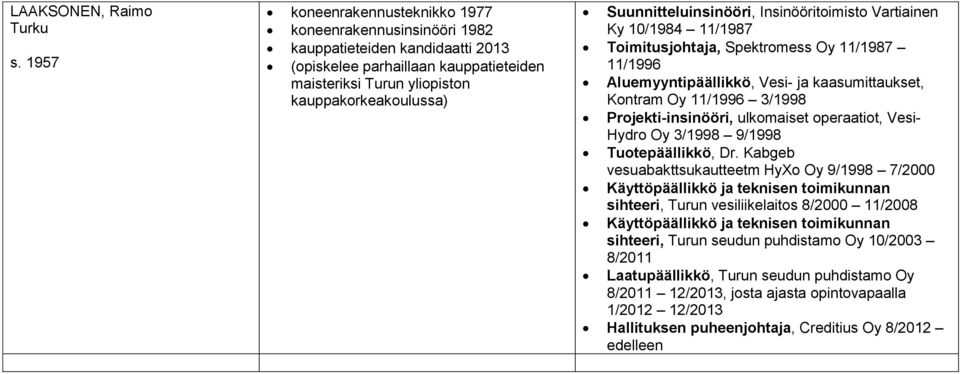 Suunnitteluinsinööri, Insinööritoimisto Vartiainen Ky 10/1984 11/1987 Toimitusjohtaja, Spektromess Oy 11/1987 11/1996 Aluemyyntipäällikkö, Vesi- ja kaasumittaukset, Kontram Oy 11/1996 3/1998