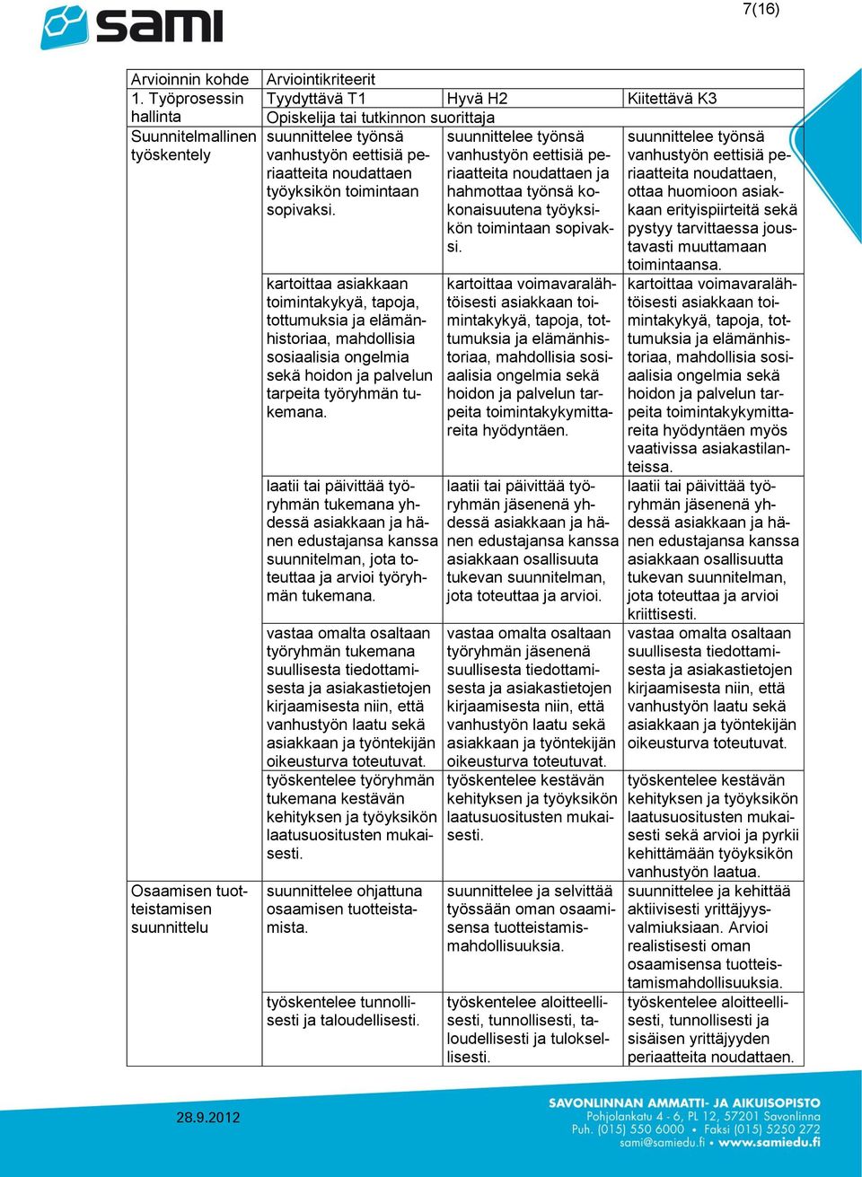 työnsä vanhustyön eettisiä periaatteita noudattaen työyksikön toimintaan sopivaksi.