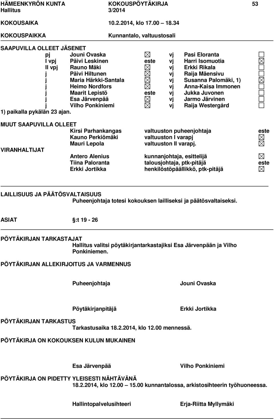 Raija Mäensivu j Maria Härkki-Santala vj Susanna Palomäki, 1) j Heimo Nordfors vj Anna-Kaisa Immonen j Maarit Lepistö este vj Jukka Juvonen j Esa Järvenpää vj Jarmo Järvinen j Vilho Ponkiniemi vj