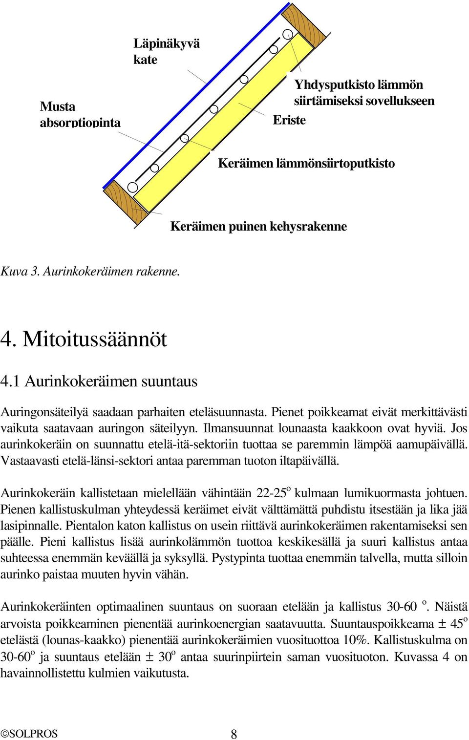 Ilmansuunnat lounaasta kaakkoon ovat hyviä. Jos aurinkokeräin on suunnattu etelä-itä-sektoriin tuottaa se paremmin lämpöä aamupäivällä.