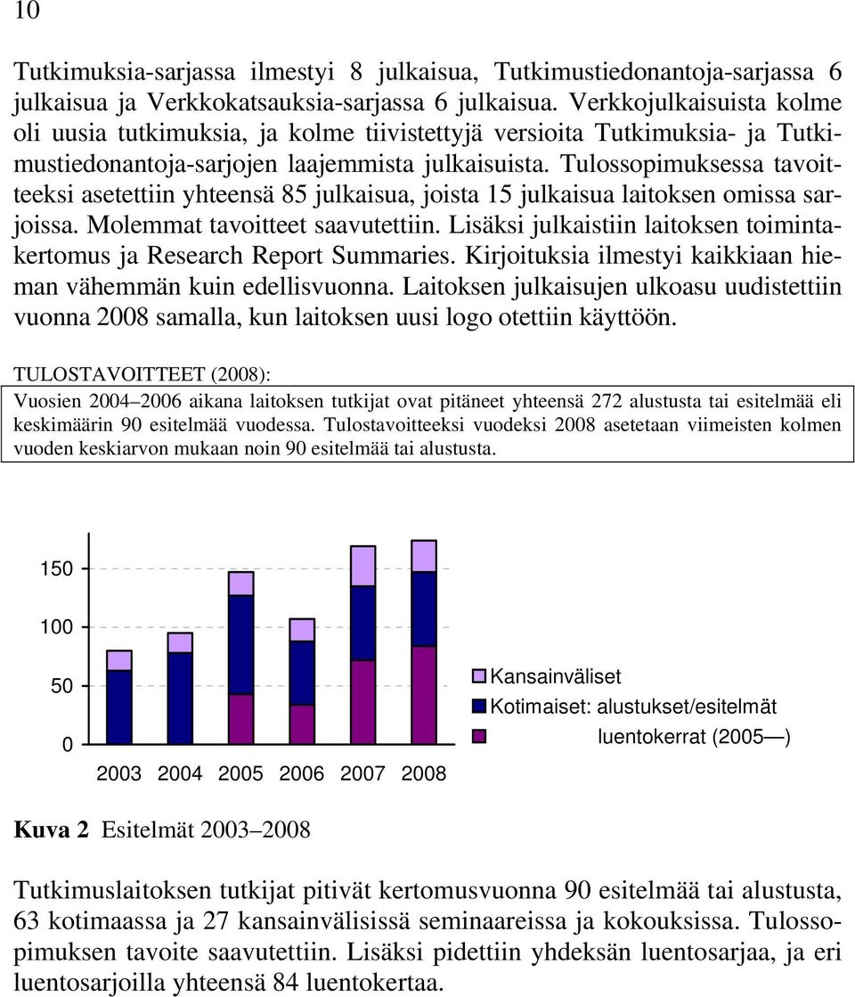 Tulossopimuksessa tavoitteeksi asetettiin yhteensä 85 julkaisua, joista 15 julkaisua laitoksen omissa sarjoissa. Molemmat tavoitteet saavutettiin.