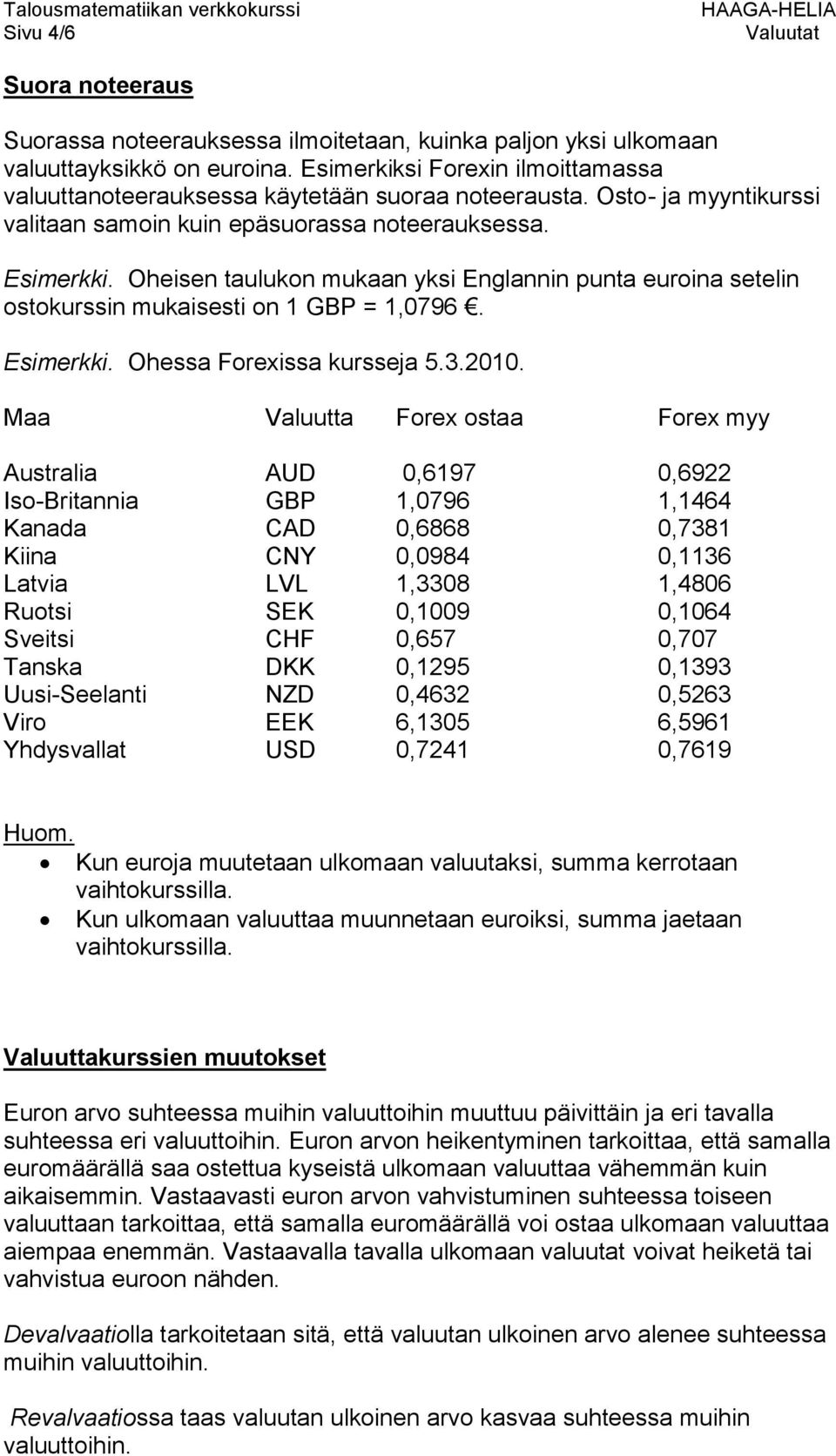 Oheisen taulukon mukaan yksi Englannin punta euroina setelin ostokurssin mukaisesti on 1 GBP = 1,0796. Esimerkki. Ohessa Forexissa kursseja 5.3.2010.