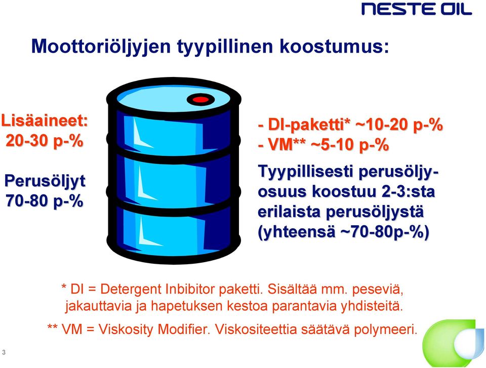 perusöljystä (yhteensä ~70-80p 80p-%) * DI = Detergent Inbibitor paketti. Sisältää mm.