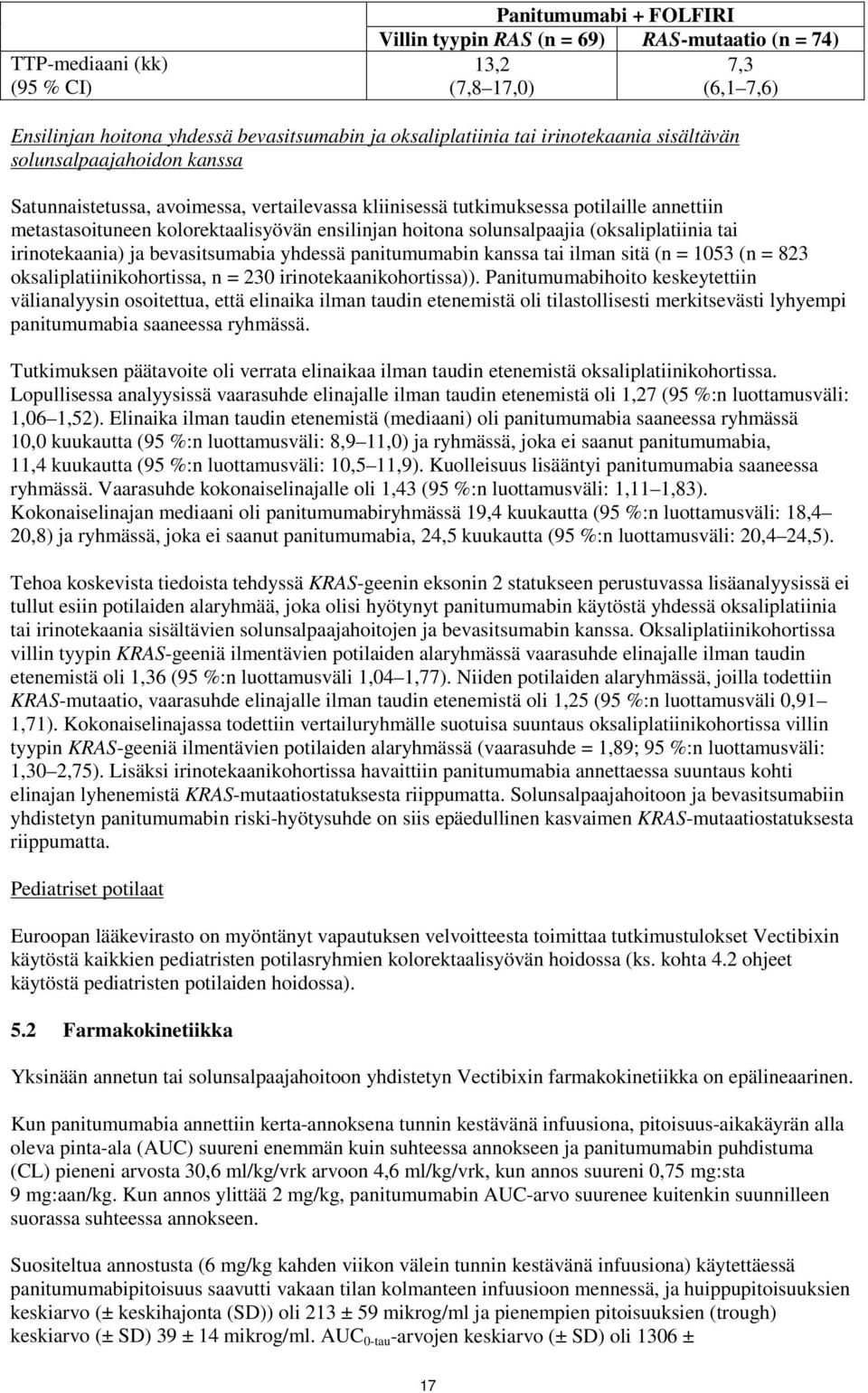 solunsalpaajia (oksaliplatiinia tai irinotekaania) ja bevasitsumabia yhdessä panitumumabin kanssa tai ilman sitä (n = 1053 (n = 823 oksaliplatiinikohortissa, n = 230 irinotekaanikohortissa)).