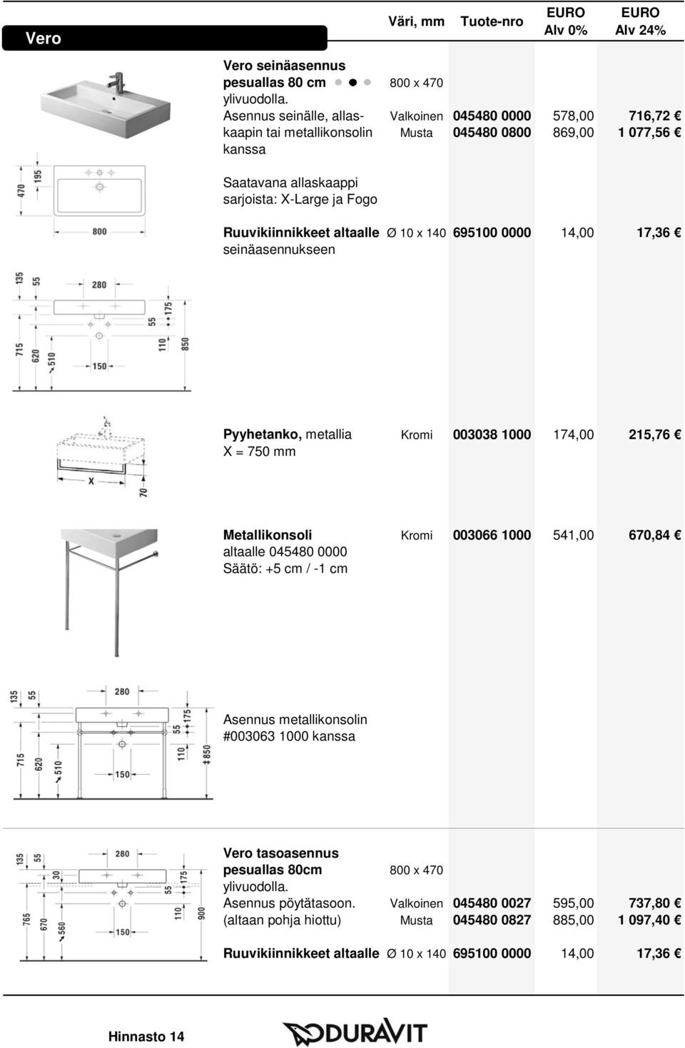 Kromi 003066 1000 541,00 670,84 altaalle 045480 0000 Asennus metallikonsolin #003063 1000 tasoasennus pesuallas 80cm