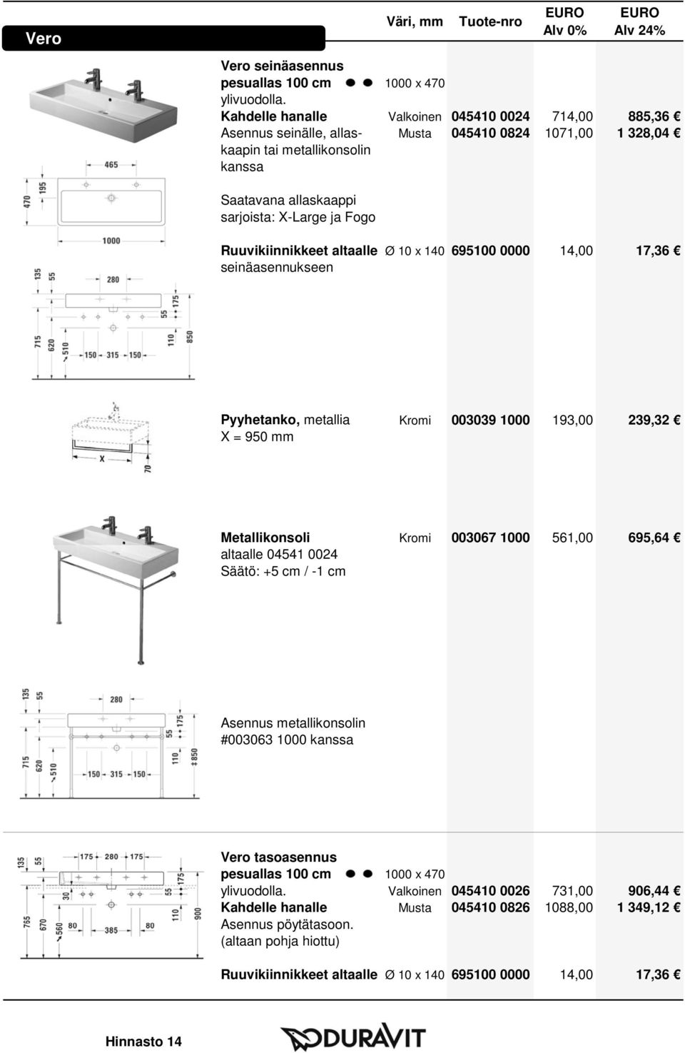 Kromi 003067 1000 561,00 695,64 altaalle 04541 0024 Asennus metallikonsolin #003063 1000 tasoasennus pesuallas 100 cm 1000 x