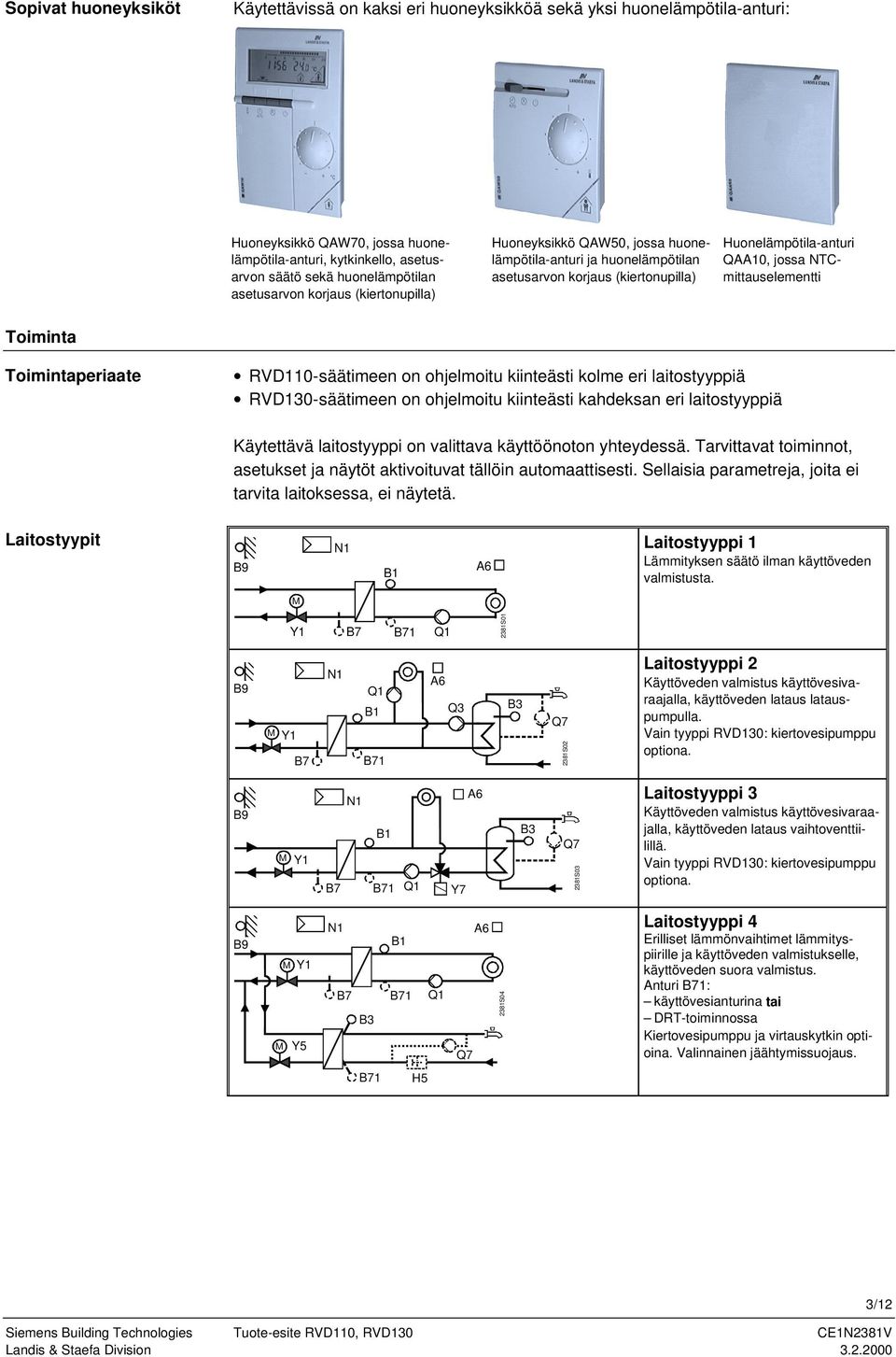 Toiminta Toimintaperiaate RVD110-säätimeen on ohjelmoitu kiinteästi kolme eri laitostyyppiä RVD130-säätimeen on ohjelmoitu kiinteästi kahdeksan eri laitostyyppiä Käytettävä laitostyyppi on valittava