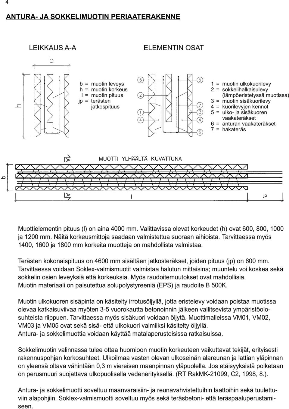 (l) on aina 4000 mm. Valittavissa olevat korkeudet (h) ovat 600, 800, 1000 ja 1200 mm. Näitä korkeusmittoja saadaan valmistettua suoraan aihioista.