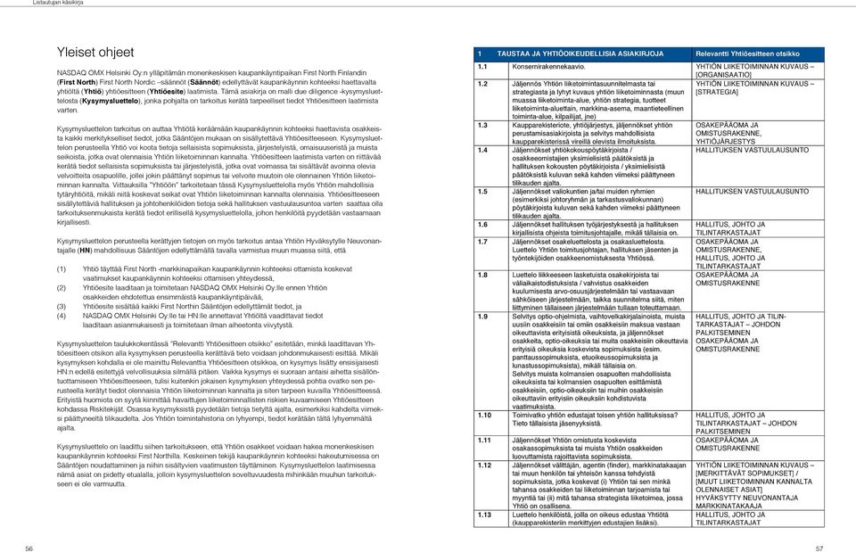Tämä asiakirja on malli due diligence -kysymysluettelosta (Kysymysluettelo), jonka pohjalta on tarkoitus kerätä tarpeelliset tiedot Yhtiöesitteen laatimista varten.