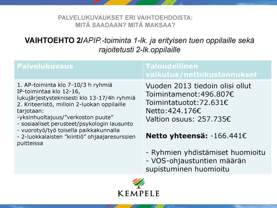 Kriteeristö, milloin 2-luokan oppilaille tarjotaan: -yksinhuoltajuus/ verkoston puute - sosiaaliset perusteet/psykologin lausunto - vuorotyö/työ toisella paikkakunnalla - 2-luokkalaisten