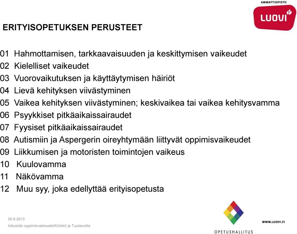 vaikea kehitysvamma 06 Psyykkiset pitkäaikaissairaudet 07 Fyysiset pitkäaikaissairaudet 08 Autismiin ja Aspergerin oireyhtymään