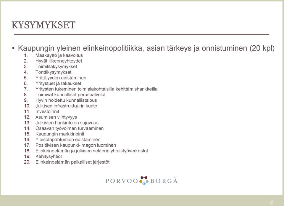 Hyvin hoidettu kunnallistalous 10. Julkisen infrastruktuurin kunto 11. Investoinnit 12. Asumisen viihtyvyys 13. Julkisten hankintojen sujuvuus 14. Osaavan työvoiman turvaaminen 15.