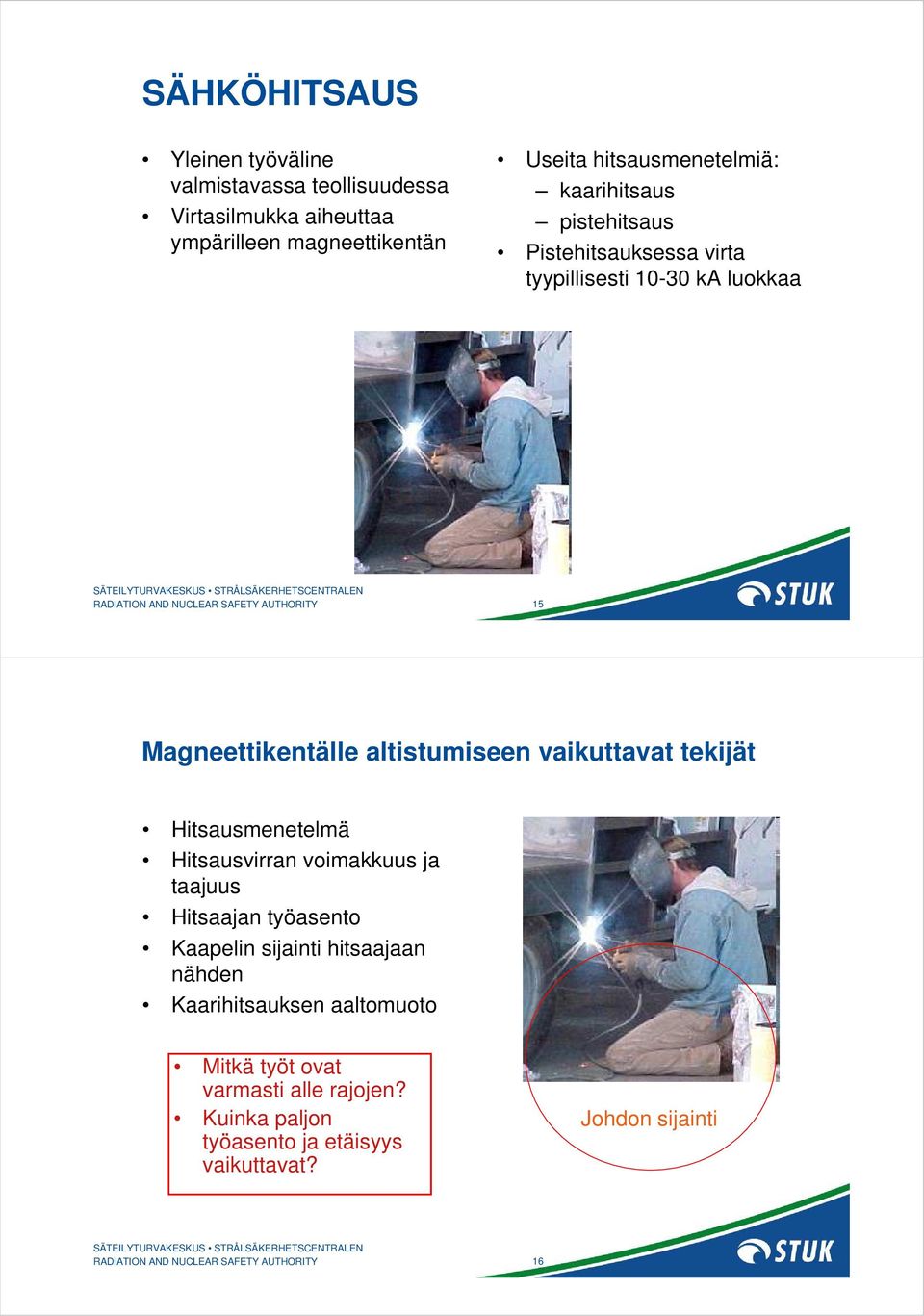 altistumiseen vaikuttavat tekijät Hitsausmenetelmä Hitsausvirran voimakkuus ja taajuus Hitsaajan työasento Kaapelin sijainti hitsaajaan nähden