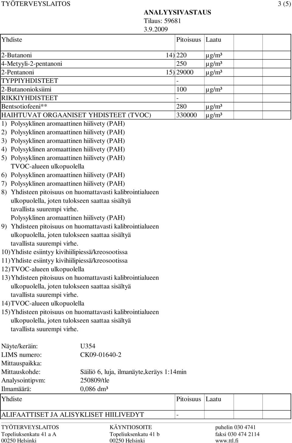 ulkopuolella 6) Polysyklinen aromaattinen hiilivety (PAH) 7) Polysyklinen aromaattinen hiilivety (PAH) 8) en pitoisuus on huomattavasti kalibrointialueen Polysyklinen aromaattinen hiilivety (PAH) 9)