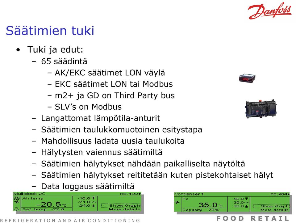 esitystapa Mahdollisuus ladata uusia taulukoita Hälytysten vaiennus säätimiltä Säätimien hälytykset