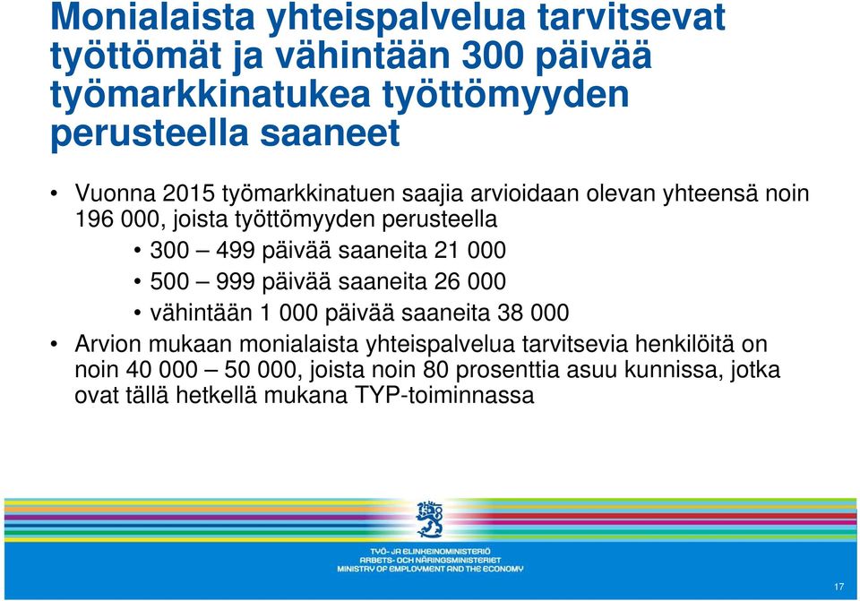 saaneita 21 000 500 999 päivää saaneita 26 000 vähintään 1 000 päivää saaneita 38 000 Arvion mukaan monialaista yhteispalvelua