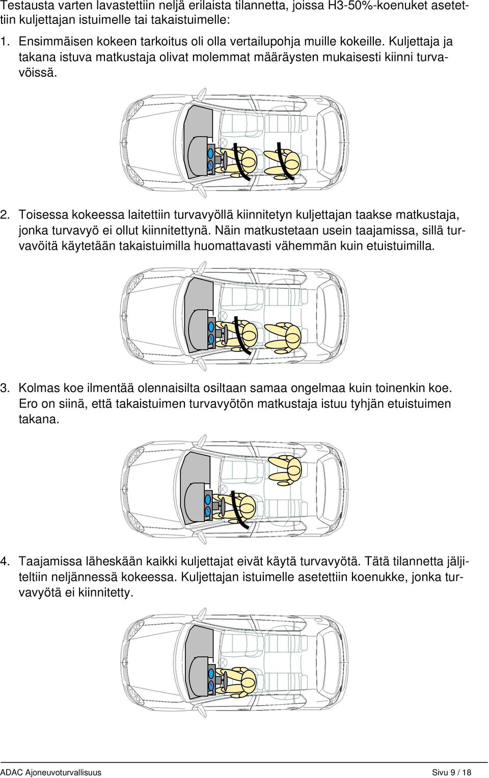 Toisessa kokeessa laitettiin turvavyöllä kiinnitetyn kuljettajan taakse matkustaja, jonka turvavyö ei ollut kiinnitettynä.