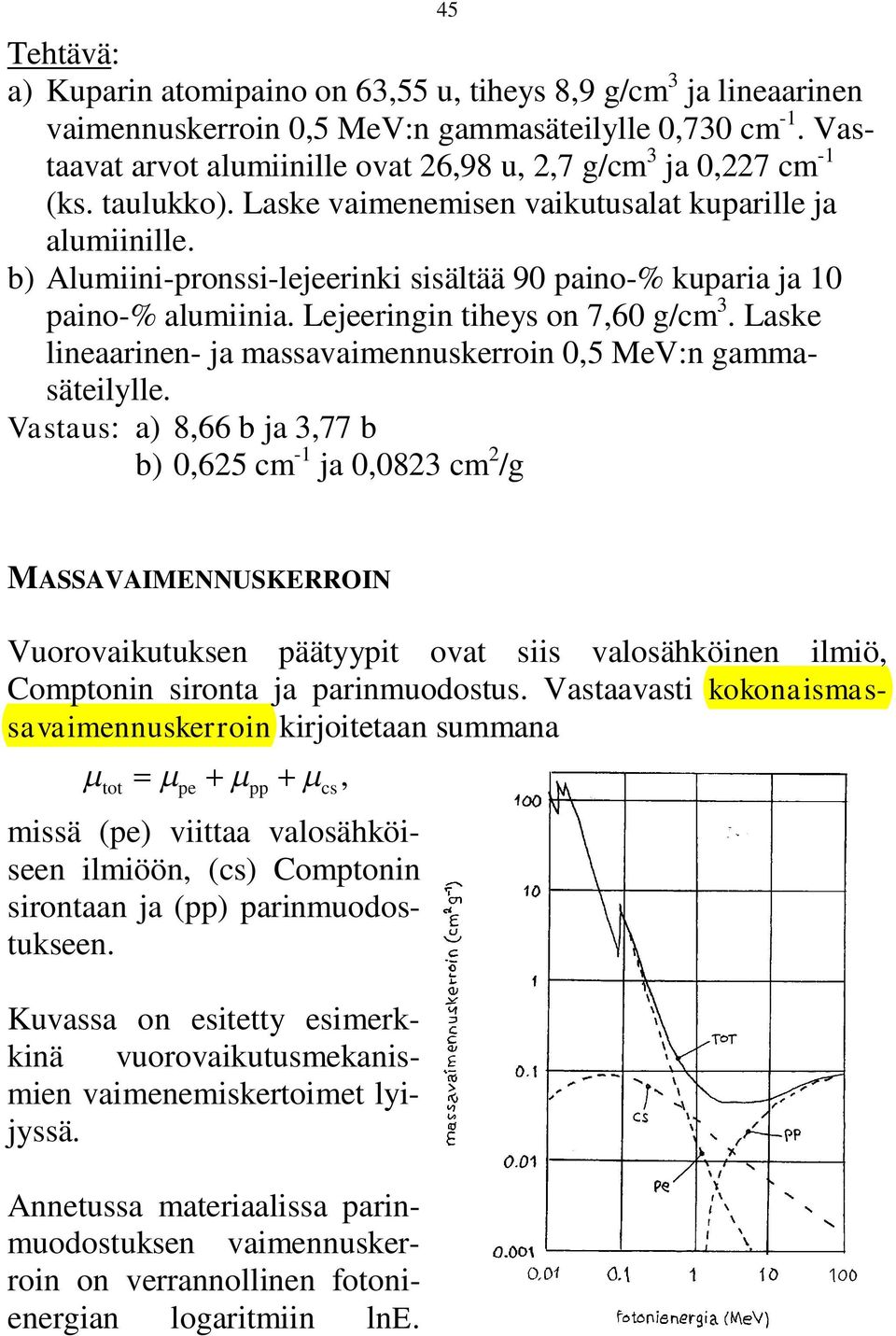 Laske lineaarinen- ja massavaimennuskerroin 0,5 MeV:n gammasäteilylle.