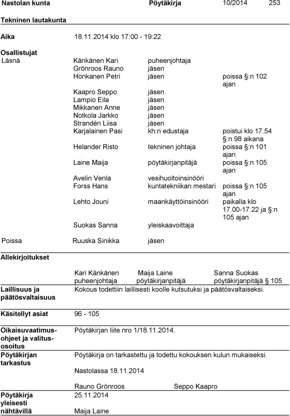 Jarkko jäsen Strandén Liisa jäsen Karjalainen Pasi kh:n edustaja poistui klo 17.