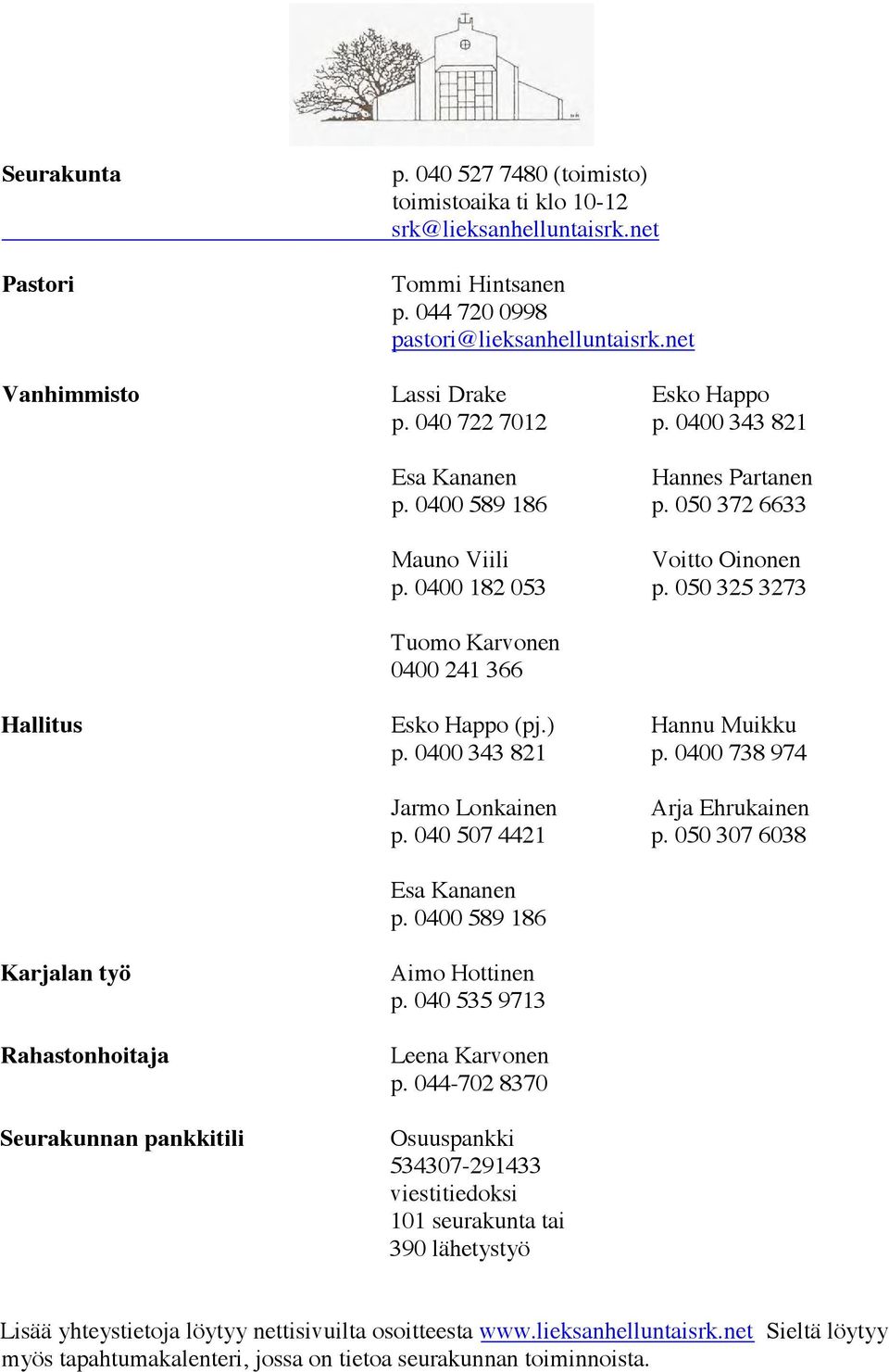 0503253273 Tuomo Karvonen 0400 241 366 Hallitus Esko Happo (pj.) Hannu Muikku p. 0400343821 p. 0400738974 Jarmo Lonkainen Arja Ehrukainen p. 0405074421 p. 050307 6038 Esa Kananen p.