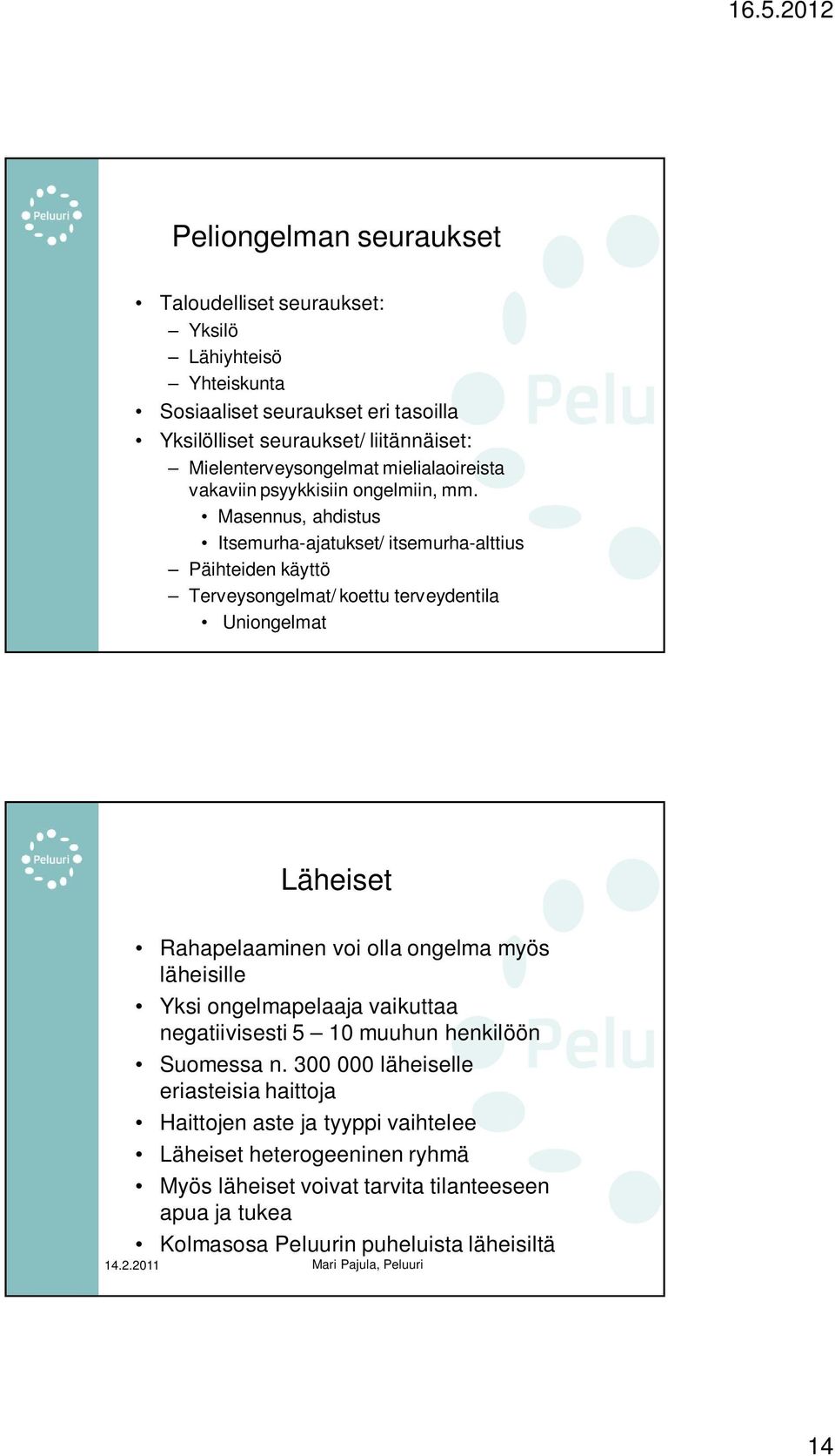 Masennus, ahdistus Itsemurha-ajatukset/ itsemurha-alttius Päihteiden käyttö Terveysongelmat/ koettu terveydentila Uniongelmat Läheiset Rahapelaaminen voi olla ongelma myös