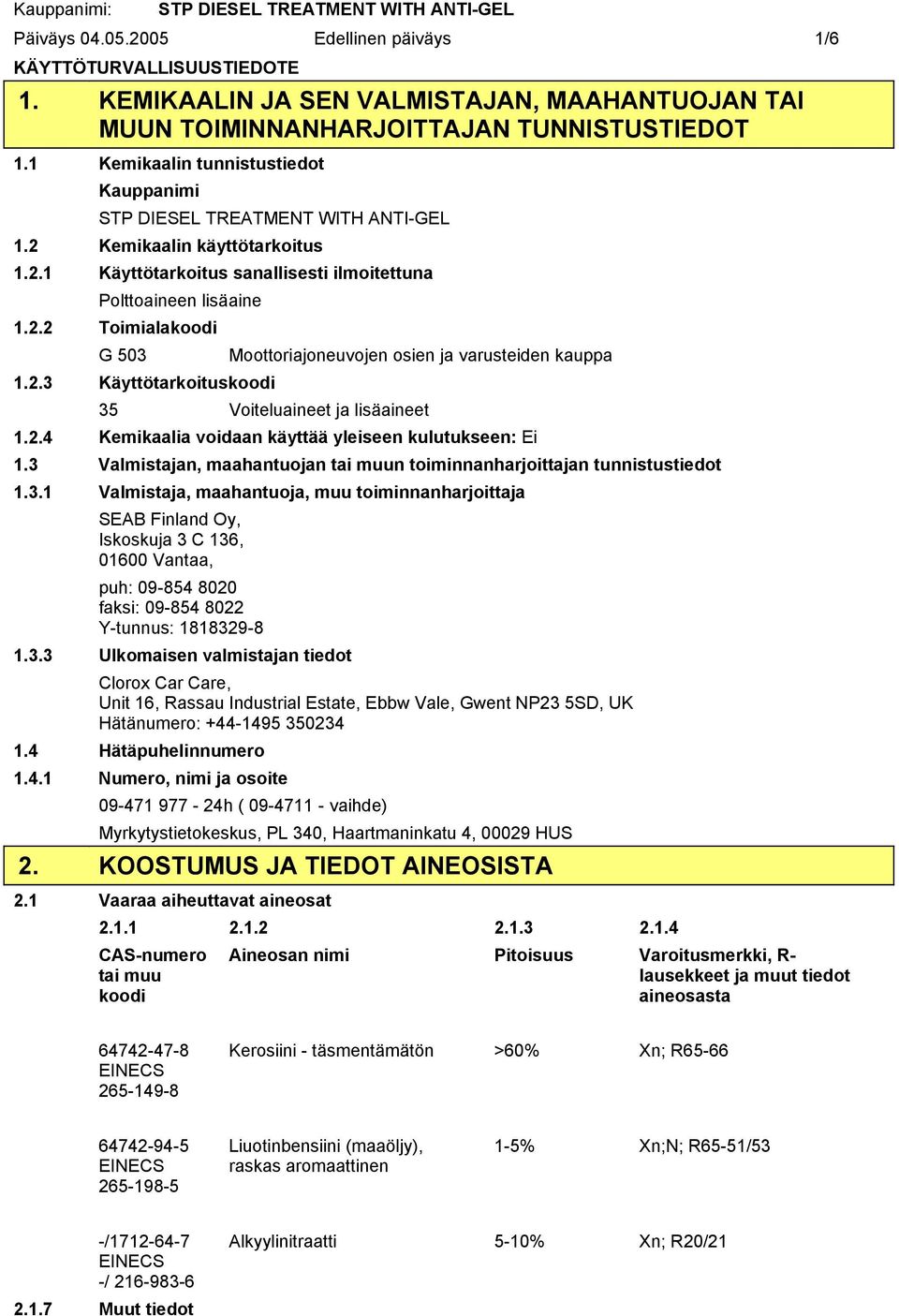 2.3 Käyttötarkoituskoodi Moottoriajoneuvojen osien ja varusteiden kauppa 35 Voiteluaineet ja lisäaineet 1.2.4 Kemikaalia voidaan käyttää yleiseen kulutukseen: Ei 1.