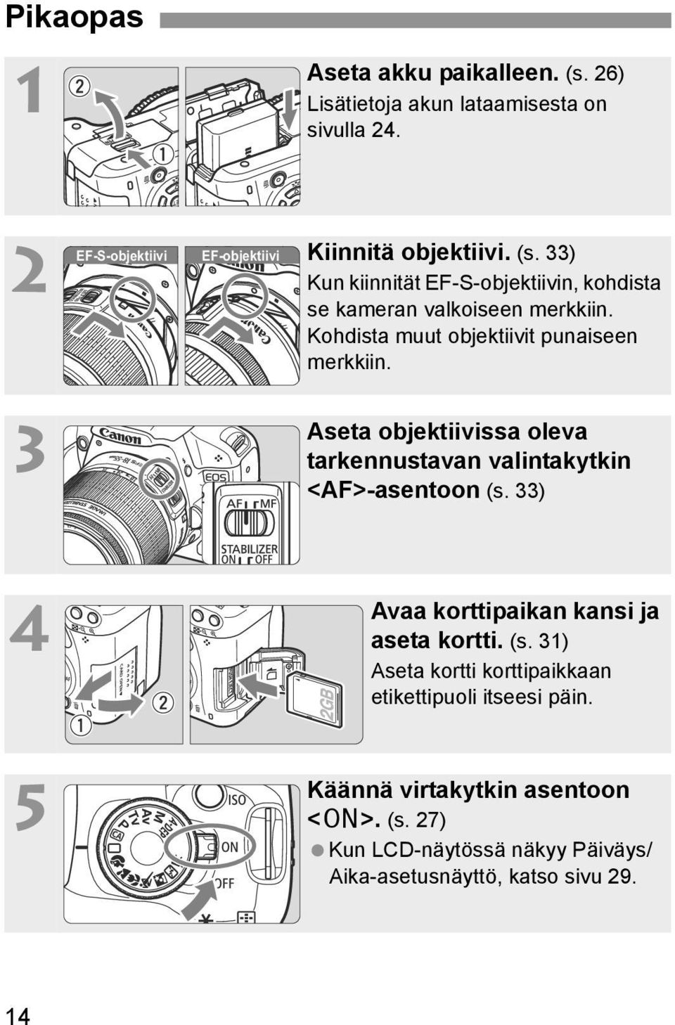 3 Aseta objetiivissa oleva tarennustavan valintaytin <AF>-asentoon (s. 33) 4 Avaa orttipaian ansi ja aseta ortti. (s. 31) Aseta ortti orttipaiaan etiettipuoli itseesi päin.