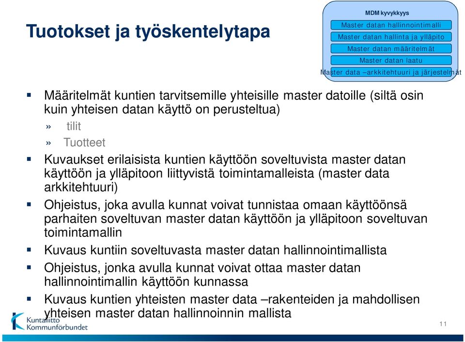 käyttöön ja ylläpitoon liittyvistä toimintamalleista (master data arkkitehtuuri) Ohjeistus, joka avulla kunnat voivat tunnistaa omaan käyttöönsä parhaiten soveltuvan master datan käyttöön ja