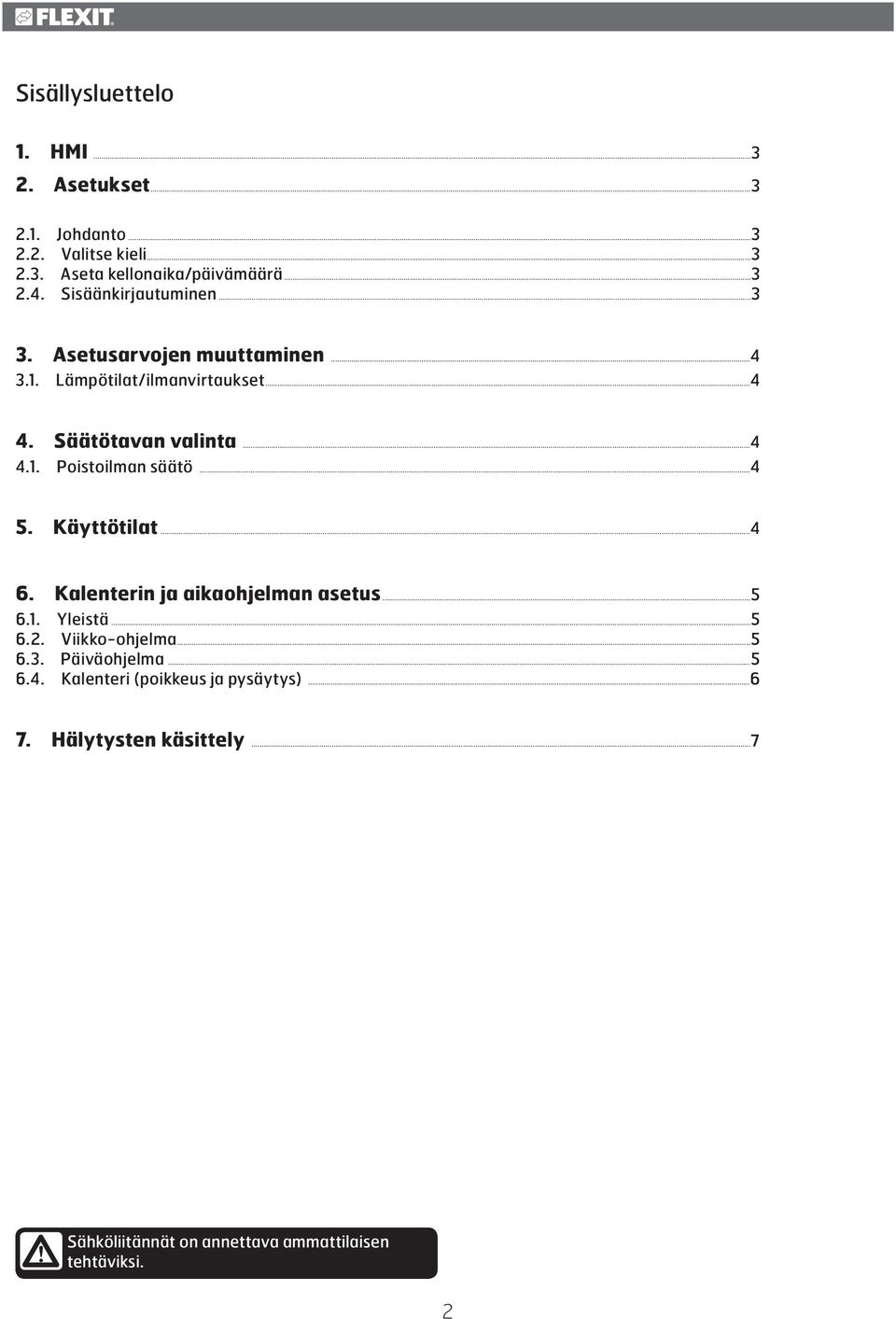 ..4 5. Käyttötilat...4 6. Kalenterin ja aikaohjelman asetus...5 6.1. Yleistä...5 6.2. Viikko-ohjelma...5 6.3. Päiväohjelma... 5 6.4. Kalenteri (poikkeus ja pysäytys).