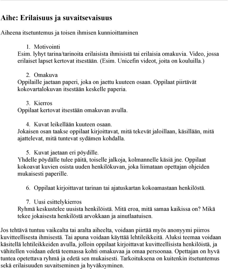 Oppilaat piirtävät kokovartalokuvan itsestään keskelle paperia. 3. Kierros Oppilaat kertovat itsestään omakuvan avulla. 4. Kuvat leikellään kuuteen osaan.