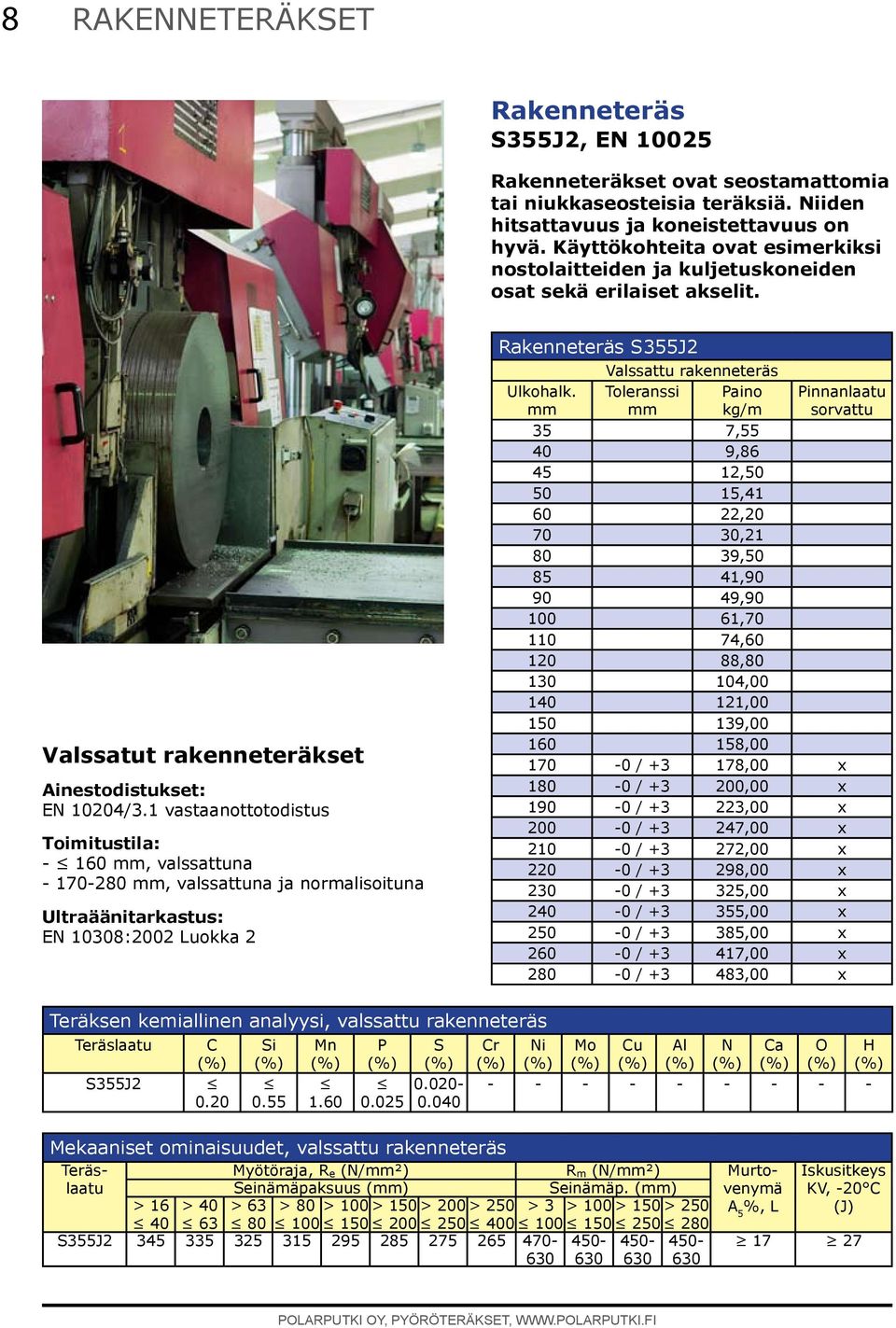 1 vastaanottotodistus Toimitustila: - 160, valssattuna - 170-280, valssattuna ja normalisoituna Ultraäänitarkastus: EN 10308:2002 Luokka 2 Rakenneteräs S355J2 Valssattu rakenneteräs Toleranssi Paino