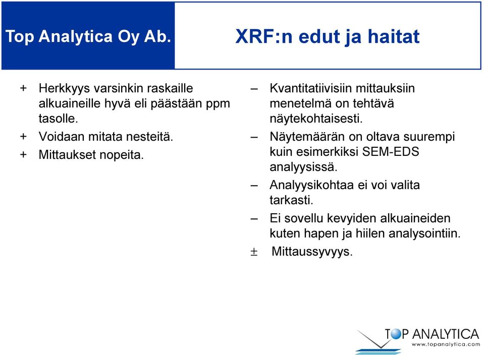 Kvantitatiivisiin mittauksiin menetelmä on tehtävä näytekohtaisesti.