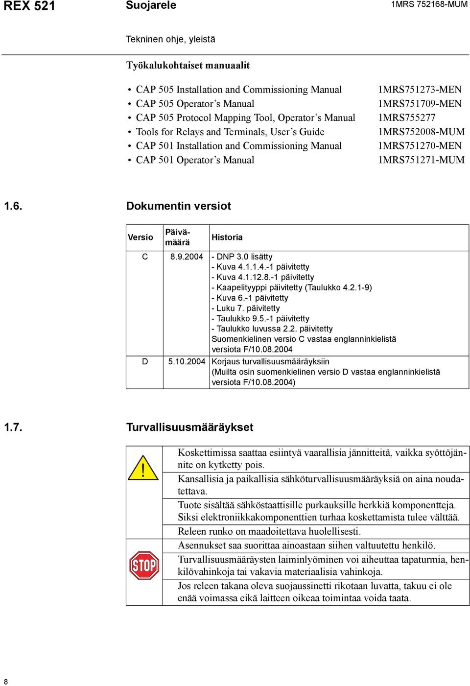 Dokumentin versiot Versio Päivämäärä Historia C 8.9.004 - DNP 3.0 lisätty - Kuva 4...4.- päivitetty - Kuva 4...8.- päivitetty - Kaapelityyppi päivitetty (Taulukko 4..-9) - Kuva 6.