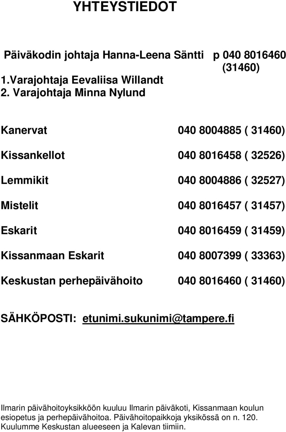 Eskarit 040 8016459 ( 31459) Kissanmaan Eskarit 040 8007399 ( 33363) Keskustan perhepäivähoito 040 8016460 ( 31460) SÄHKÖPOSTI: etunimi.