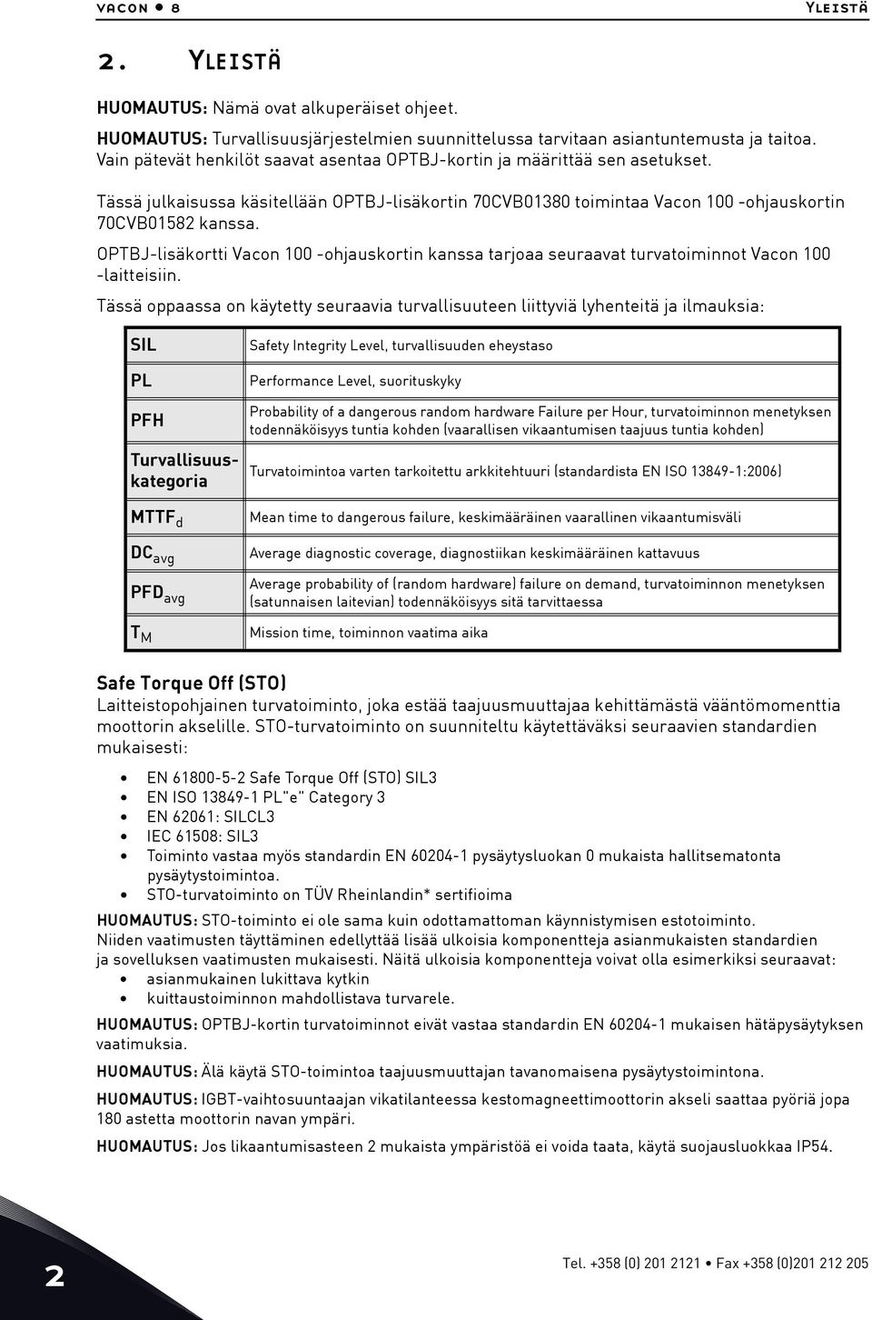 OPTBJ-lisäkortti Vacon 00 -ohjauskortin kanssa tarjoaa seuraavat turvatoiminnot Vacon 00 -laitteisiin.