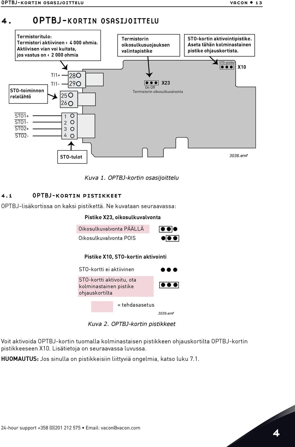 STO-toiminnon relelähtö TI+ TI- 6 8 9 X3 On Off Termistorin oikosulkuvalvonta STO-pistike X0 STO+ STO- STO+ STO- 3 4 STO-tulot 3038.emf Kuva. OPTBJ-kortin osasijoittelu 4.