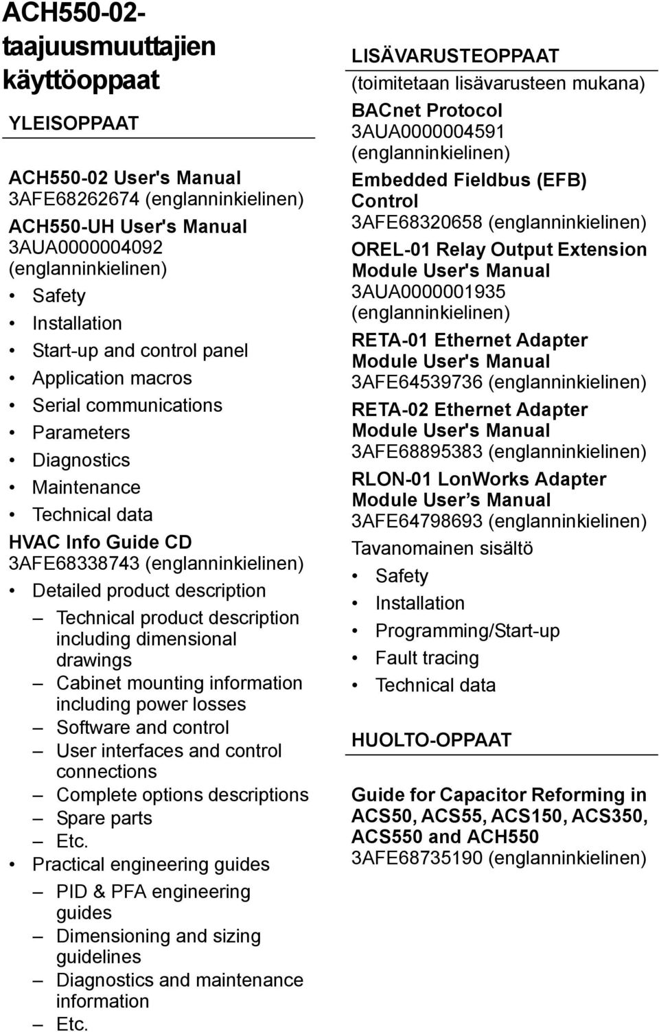 product description including dimensional drawings Cabinet mounting information including power losses Software and control User interfaces and control connections Complete options descriptions Spare