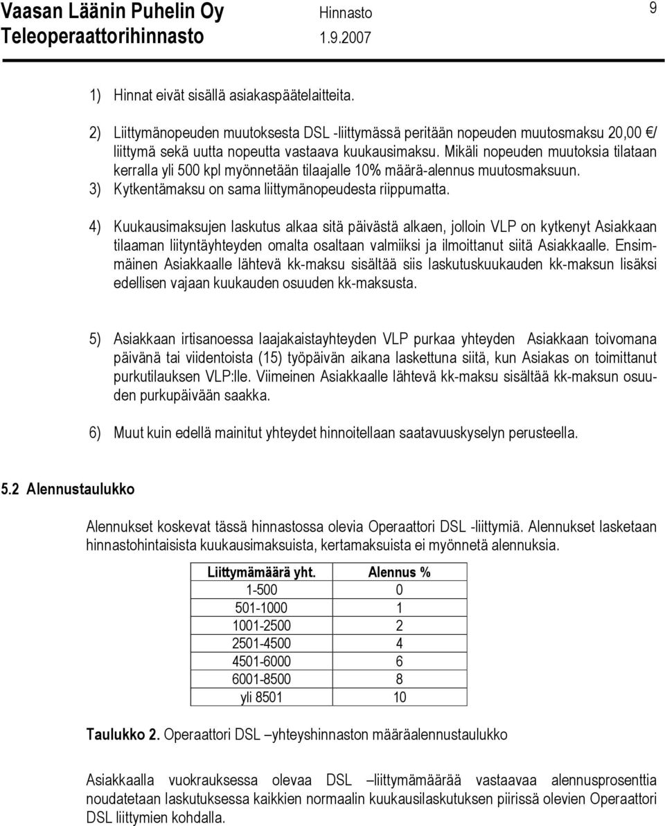 4) Kuukausimaksujen laskutus alkaa sitä päivästä alkaen, jolloin VLP on kytkenyt Asiakkaan tilaaman liityntäyhteyden omalta osaltaan valmiiksi ja ilmoittanut siitä Asiakkaalle.