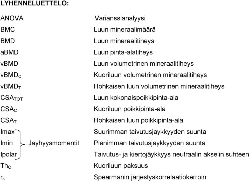 kokonaispoikkipinta-ala Kuoriluun poikkipinta-ala Hohkaisen luun poikkipinta-ala Suurimman taivutusjäykkyyden suunta Imin Jäyhyysmomentit