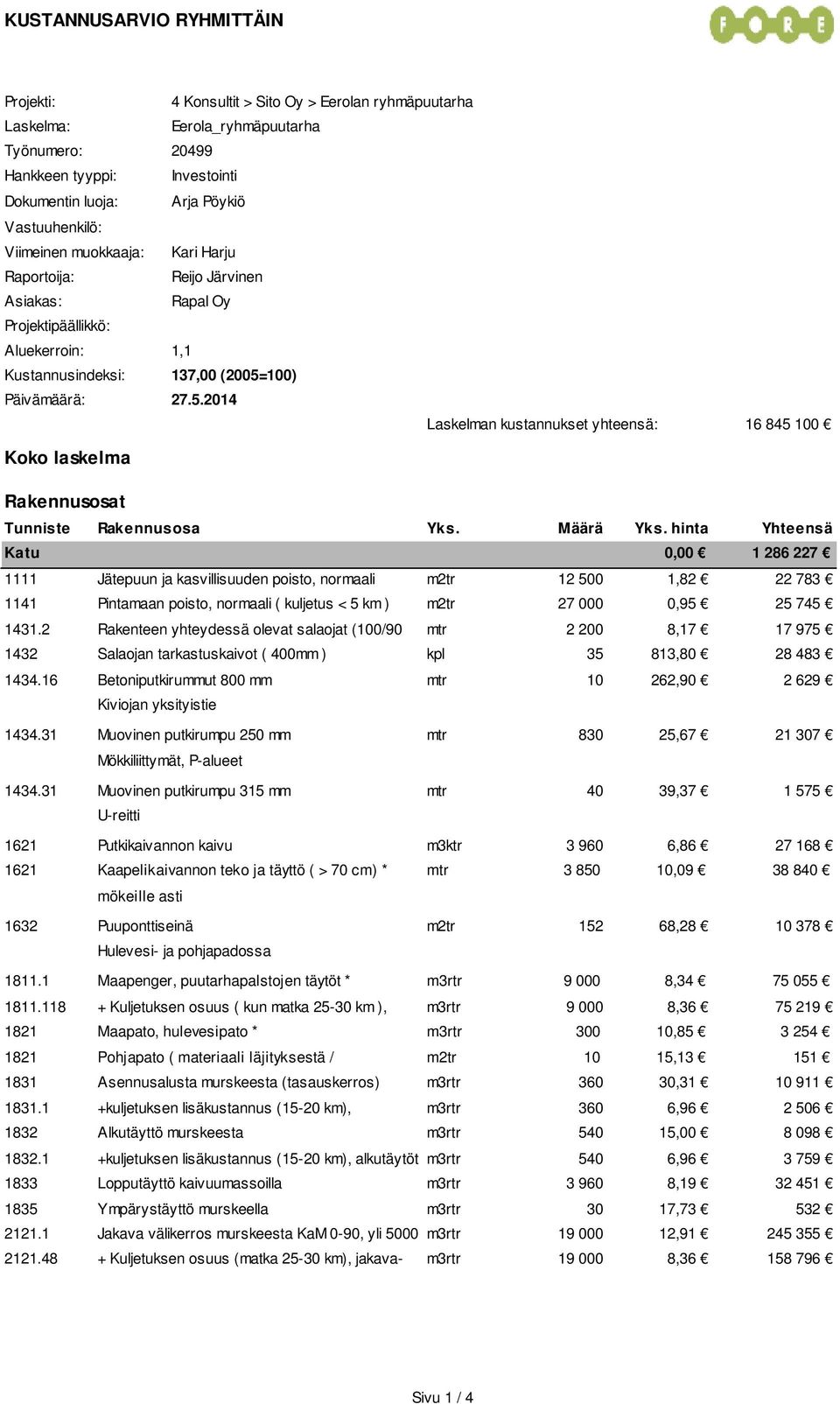 100) Päivämäärä: 27.5.2014 Laskelman kustannukset yhteensä: 16 845 100 Koko laskelma Rakennusosat Tunniste Rakennusosa Yks. Määrä Yks.